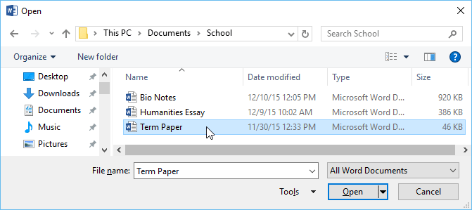 tạo tài liệu mới trong Word chọn tài liệu